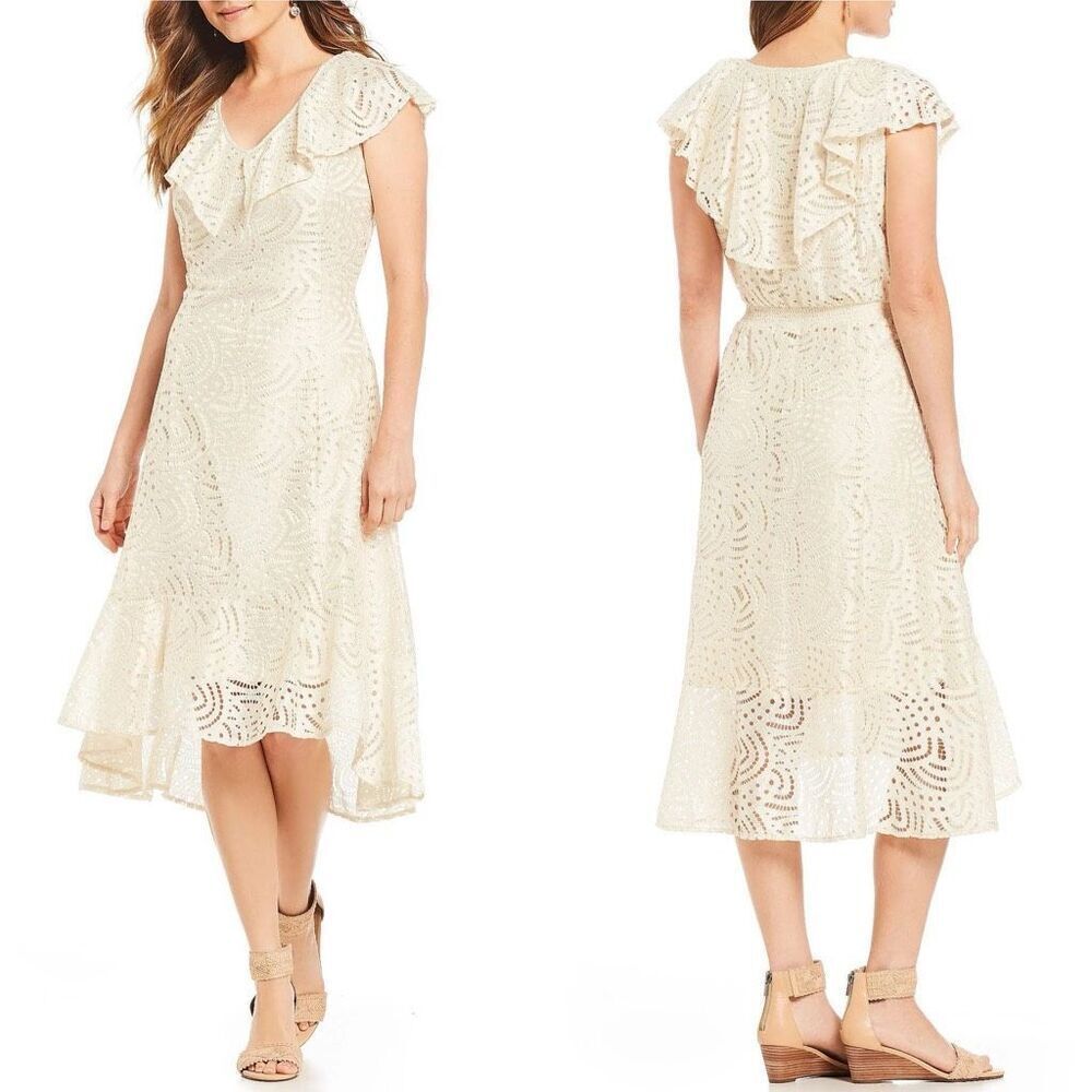 Reba Ivory Cream Chunky Eyelet Lace Ruffle Collar Hi Low Dress NWT Size Small